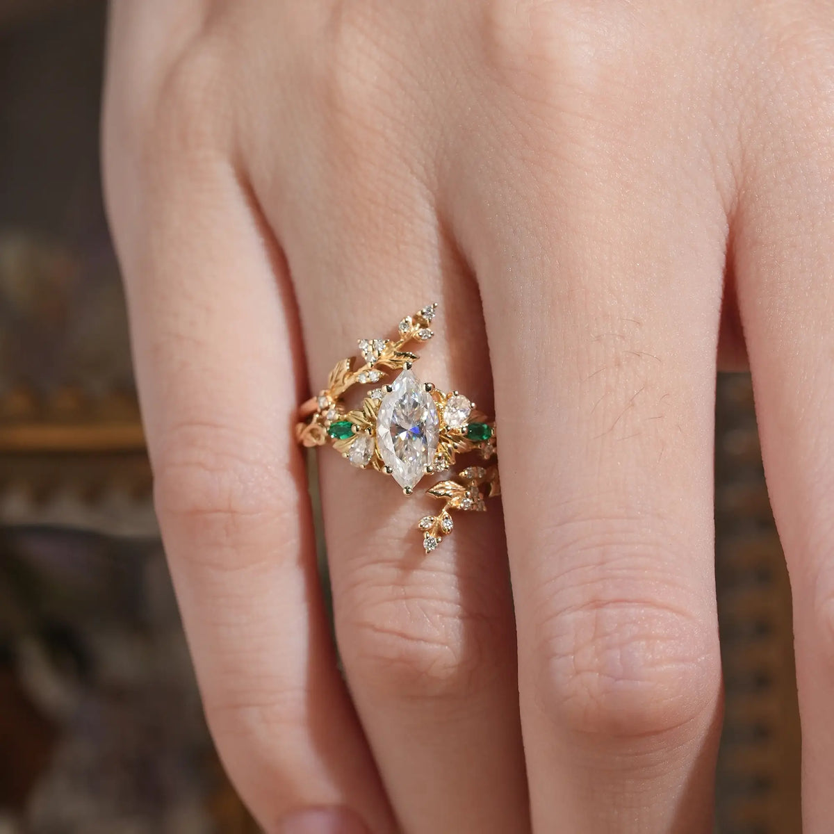 Marquise Cut Moissanite Leaf Inspired Fiora Bridal Ring Set With Mistletoe Ring Enhancer | GemsMagic