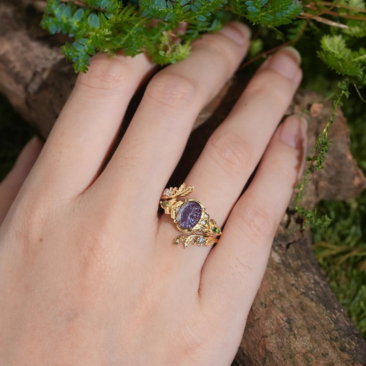 Fantasy Cut Alexandrite Nature Inspired Leaf Bridal Ring Set With Spider Ring Enhancer - Ariadne | GemsMagic