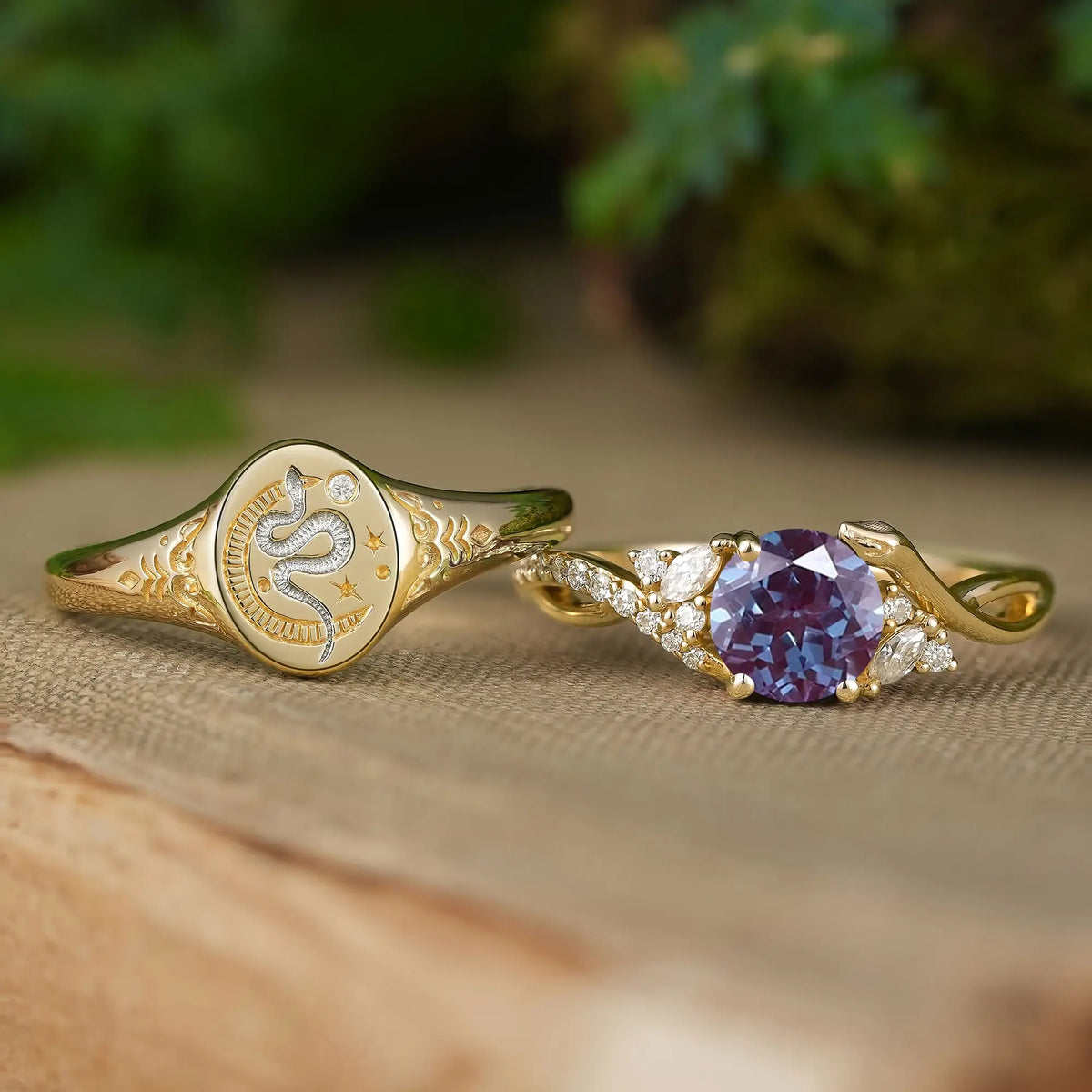 Unique Alexandrite Moissanite Serpent Inspired Couple Wedding Ring Set - Alaric & Lenora | GemsMagic