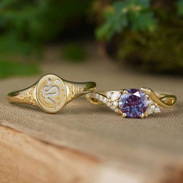 Unique Alexandrite Moissanite Serpent Inspired Couple Wedding Ring Set - Alaric & Lenora | GemsMagic