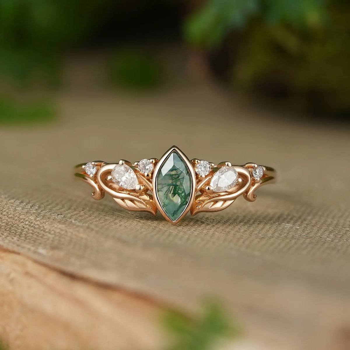 Marquise Cut Moss Agate Bezel Nature Inspired Leaf Promise Ring - Elowyn | GemsMagic