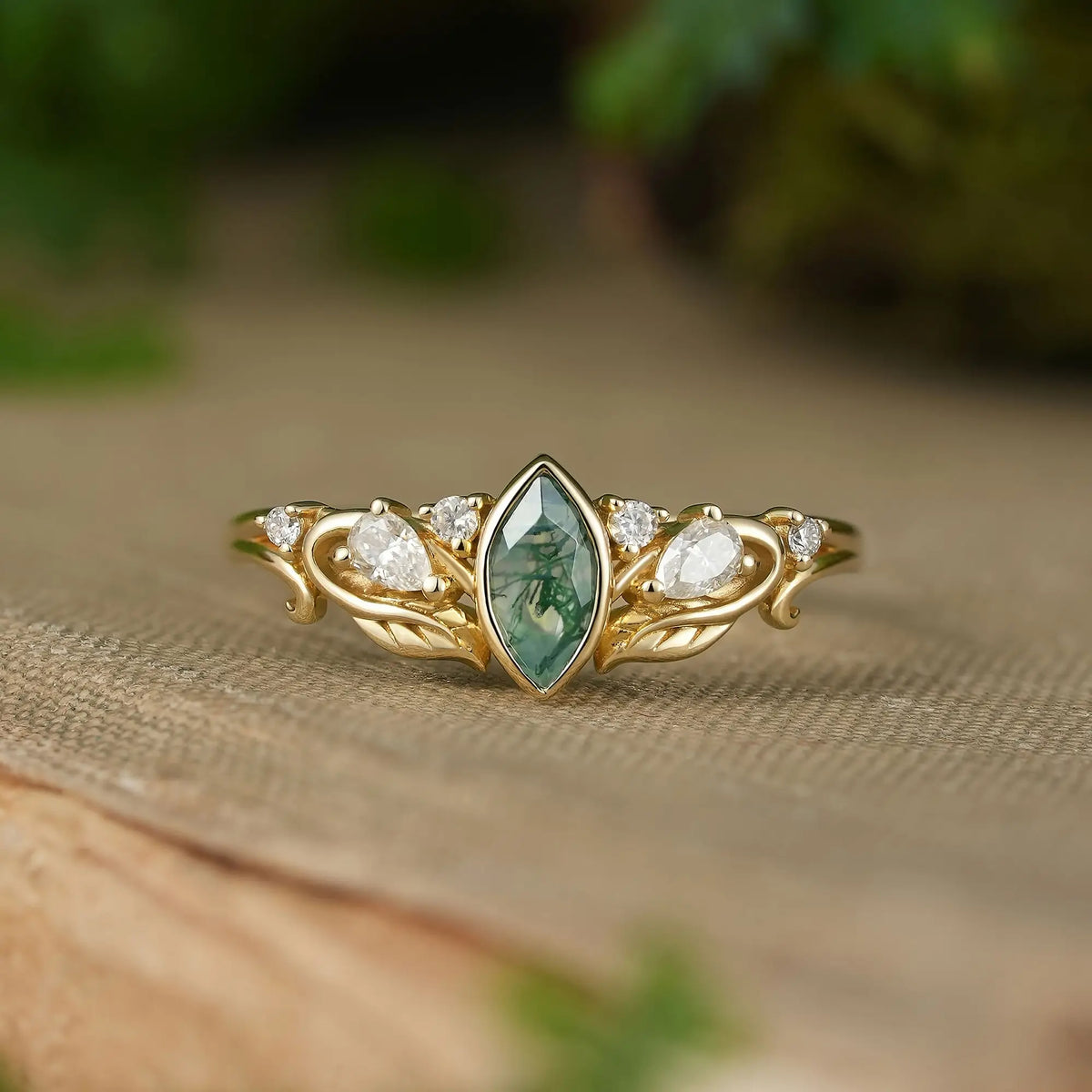 Marquise Cut Moss Agate Bezel Nature Inspired Leaf Promise Ring - Elowyn | GemsMagic