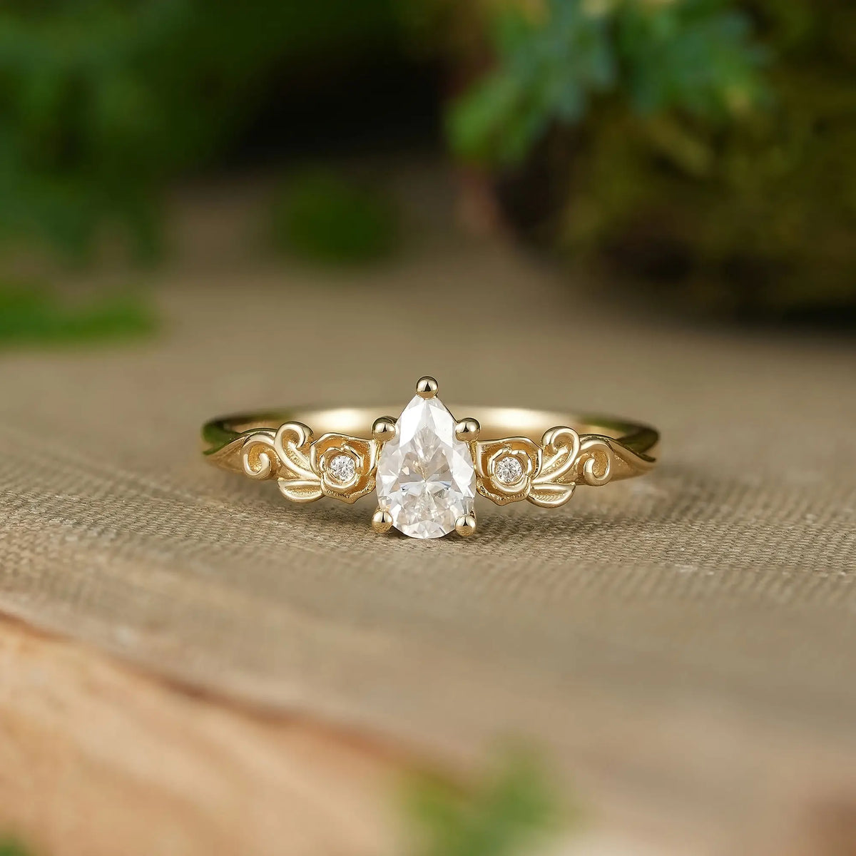 Pear Cut Moissanite Nature Inspired Rose Flower Promise Ring - Fiorella | GemsMagic