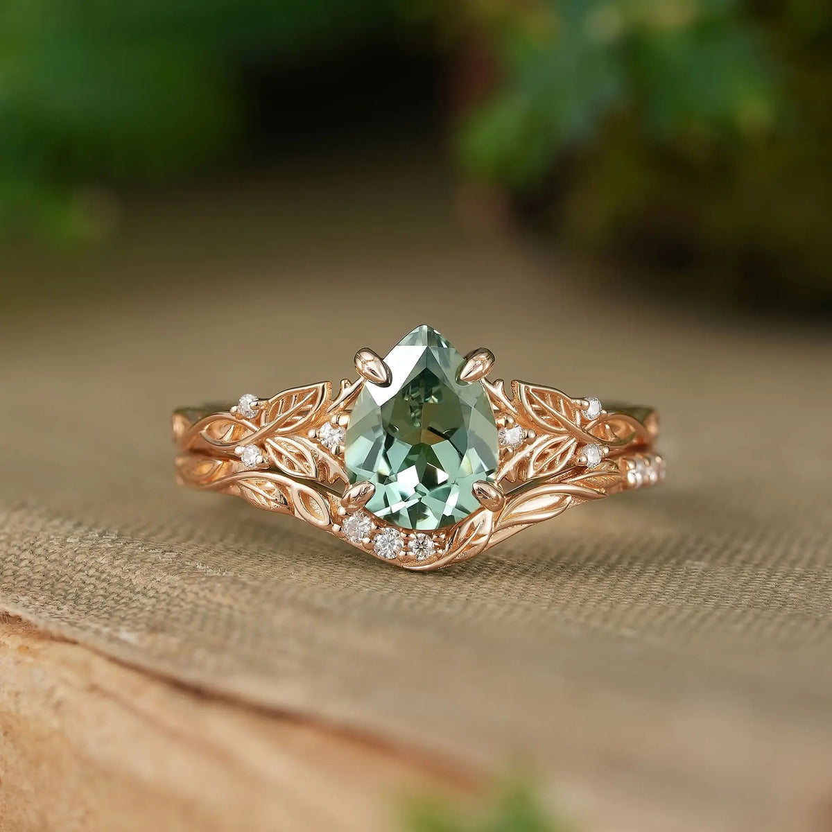 Pear Cut Green Sapphire Nature Inspired Leaf Claw Bridal Ring Set - Avielle | GemsMagic
