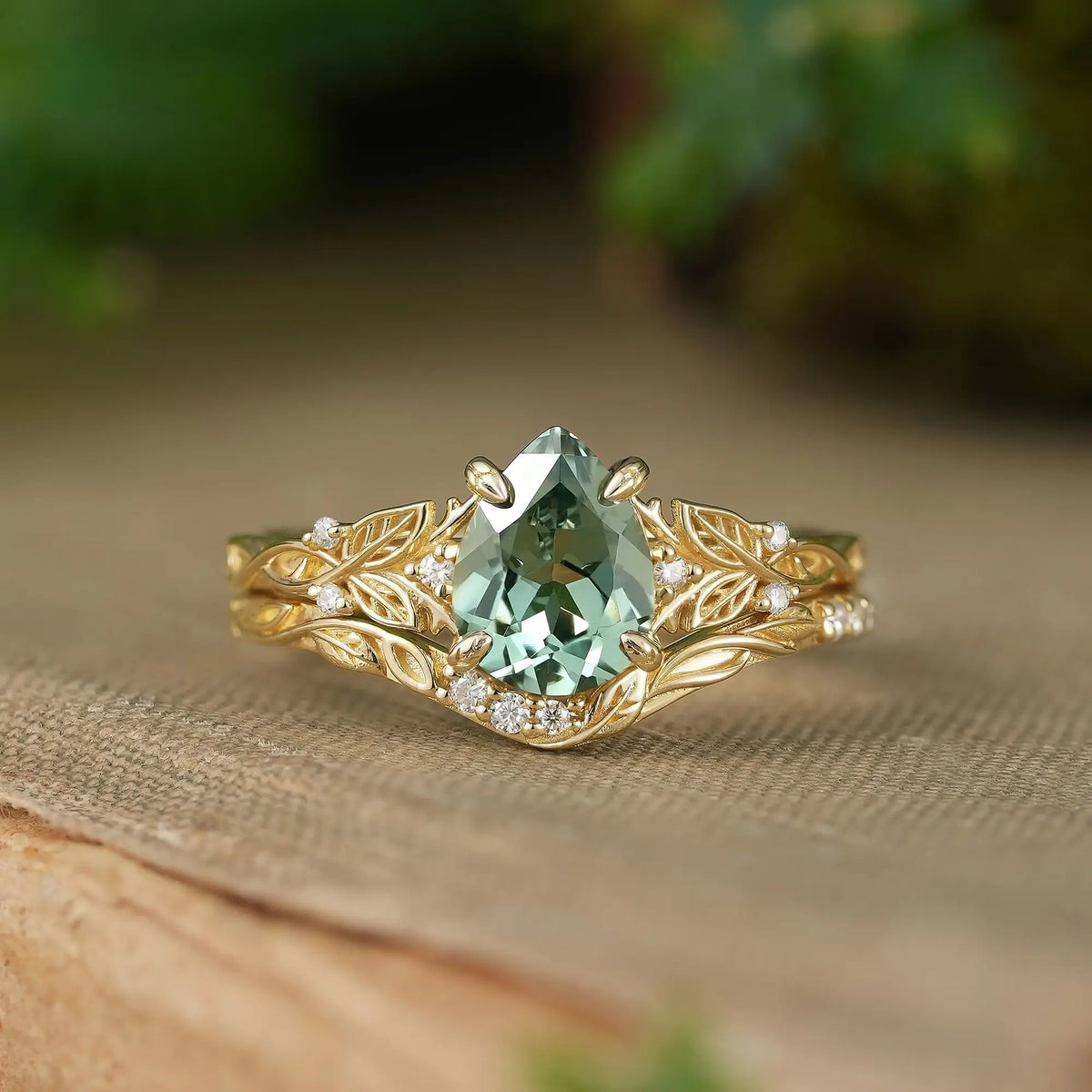 Pear Cut Green Sapphire Nature Inspired Leaf Claw Bridal Ring Set - Avielle | GemsMagic