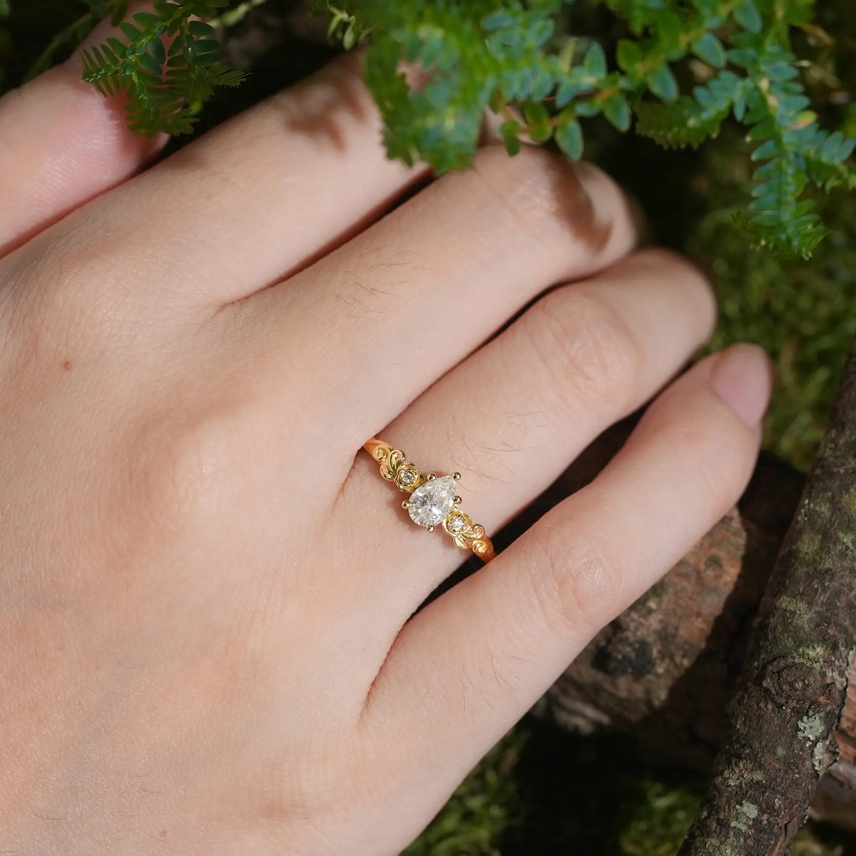 Pear Cut Moissanite Nature Inspired Rose Flower Promise Ring - Fiorella | GemsMagic