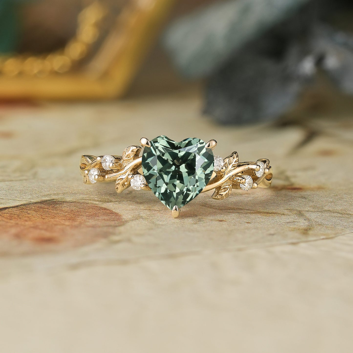 GemsMagic Heart Shaped Green Sapphire Leaf Engagement Ring - Genevieve