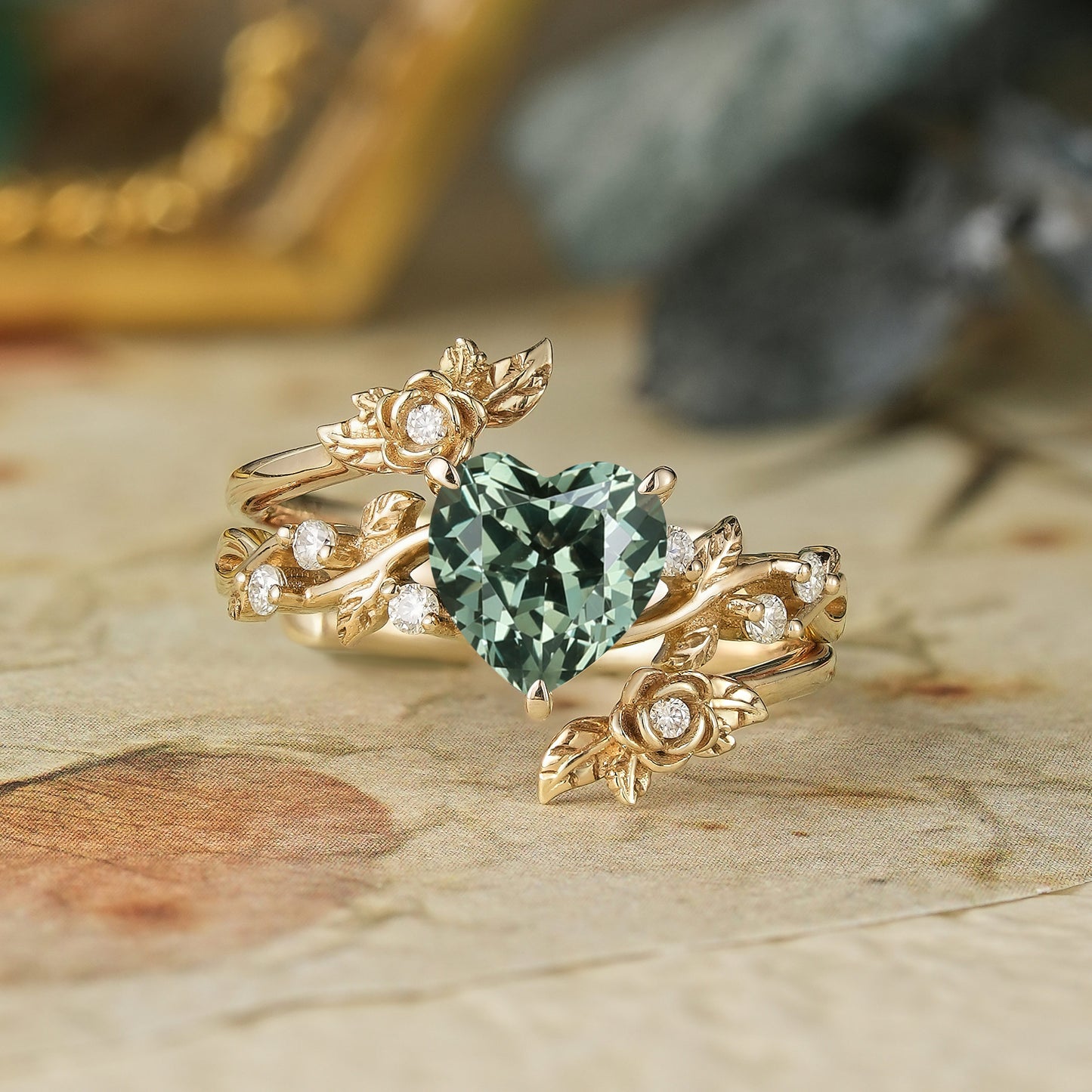 Rose Blossom: Heart Shaped Green Sapphire Leaf Engagement Ring Set | Katherine