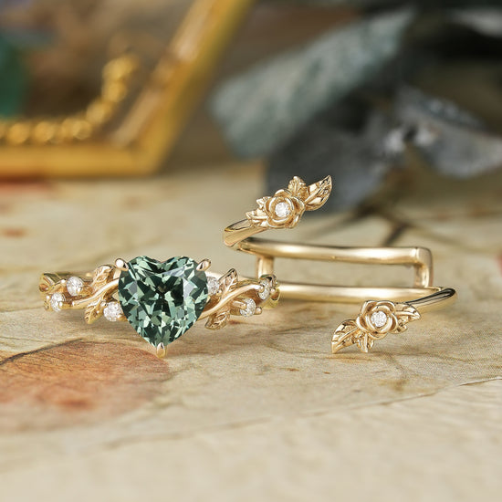 Rose Blossom: Heart Shaped Green Sapphire Leaf Engagement Ring Set | Katherine