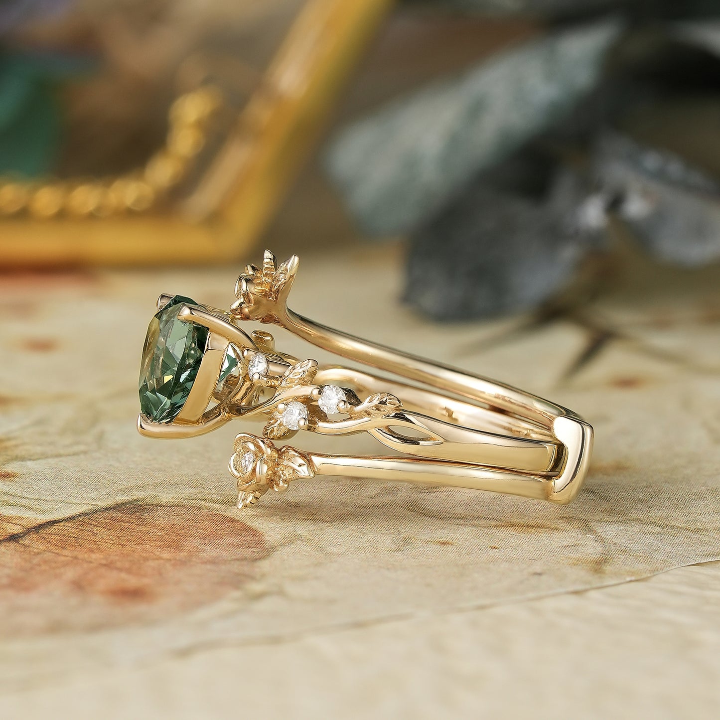 Rose Blossom: Heart Shaped Green Sapphire Leaf Engagement Ring Set | Katherine