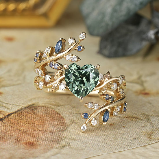 GemsMagic Cross Leaf Heart Shaped Green Sapphire Ehancer Ring Set - Giselle