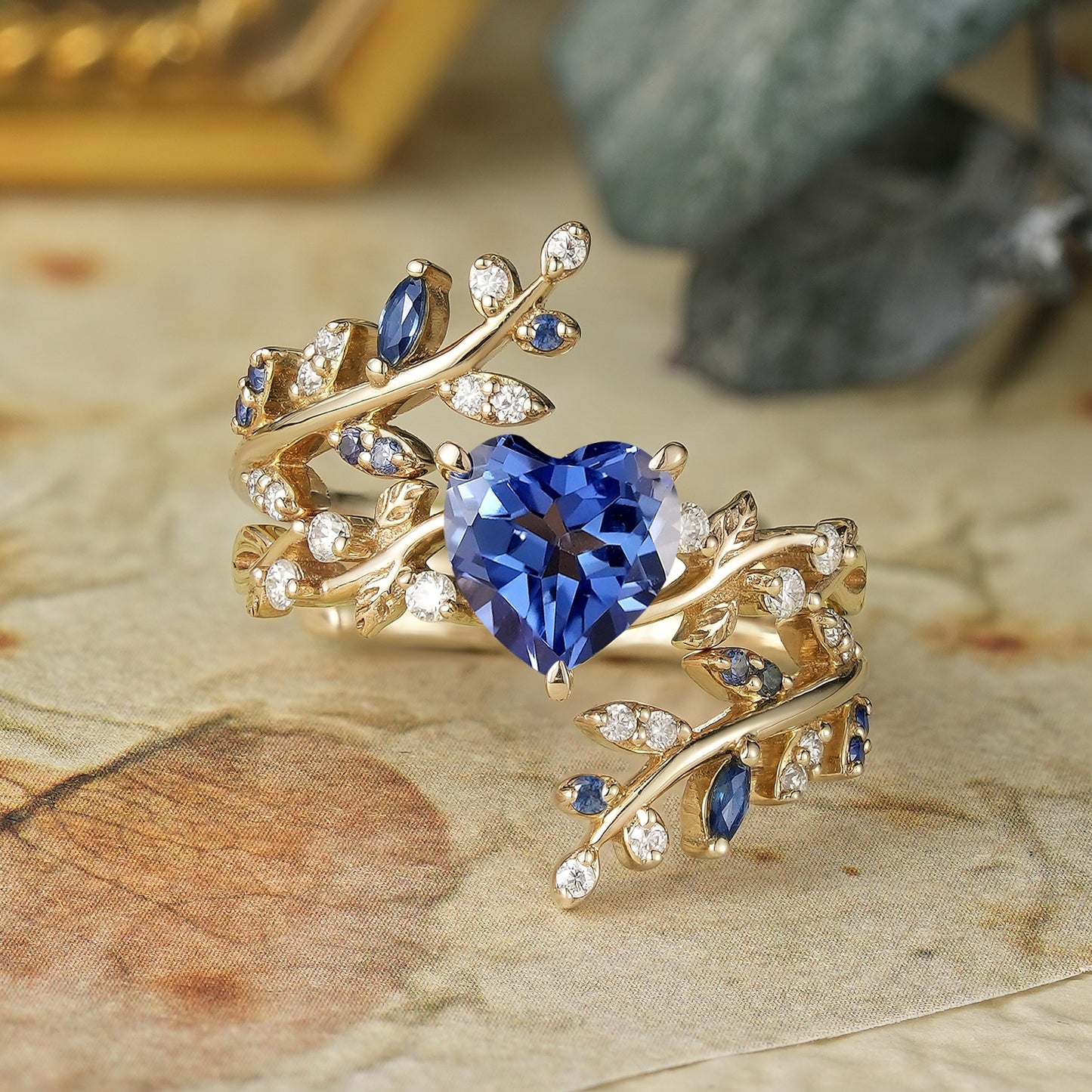 GemsMagic Cross Leaf Heart Shaped Cornflower Sapphire Ehancer Ring Set - Hazel