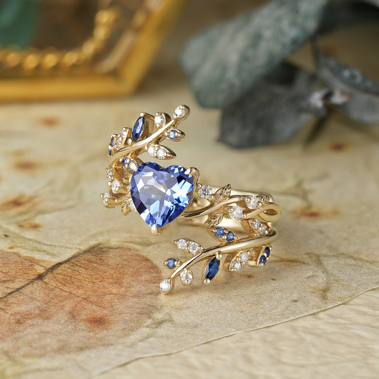 GemsMagic Cross Leaf Heart Shaped Cornflower Sapphire Ehancer Ring Set - Hazel