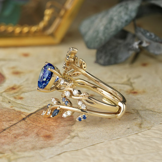 GemsMagic Cross Leaf Heart Shaped Cornflower Sapphire Ehancer Ring Set - Hazel