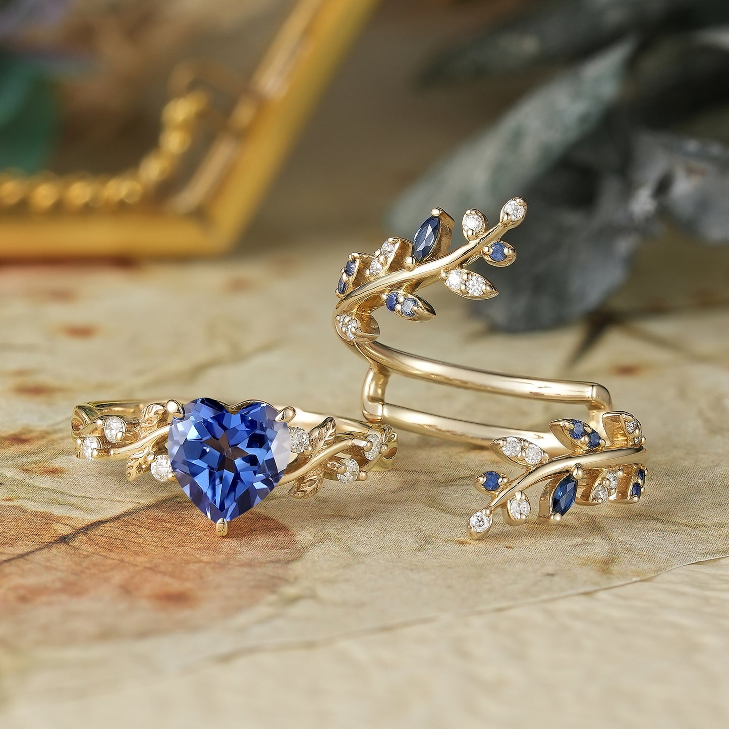 GemsMagic Cross Leaf Heart Shaped Cornflower Sapphire Ehancer Ring Set - Hazel