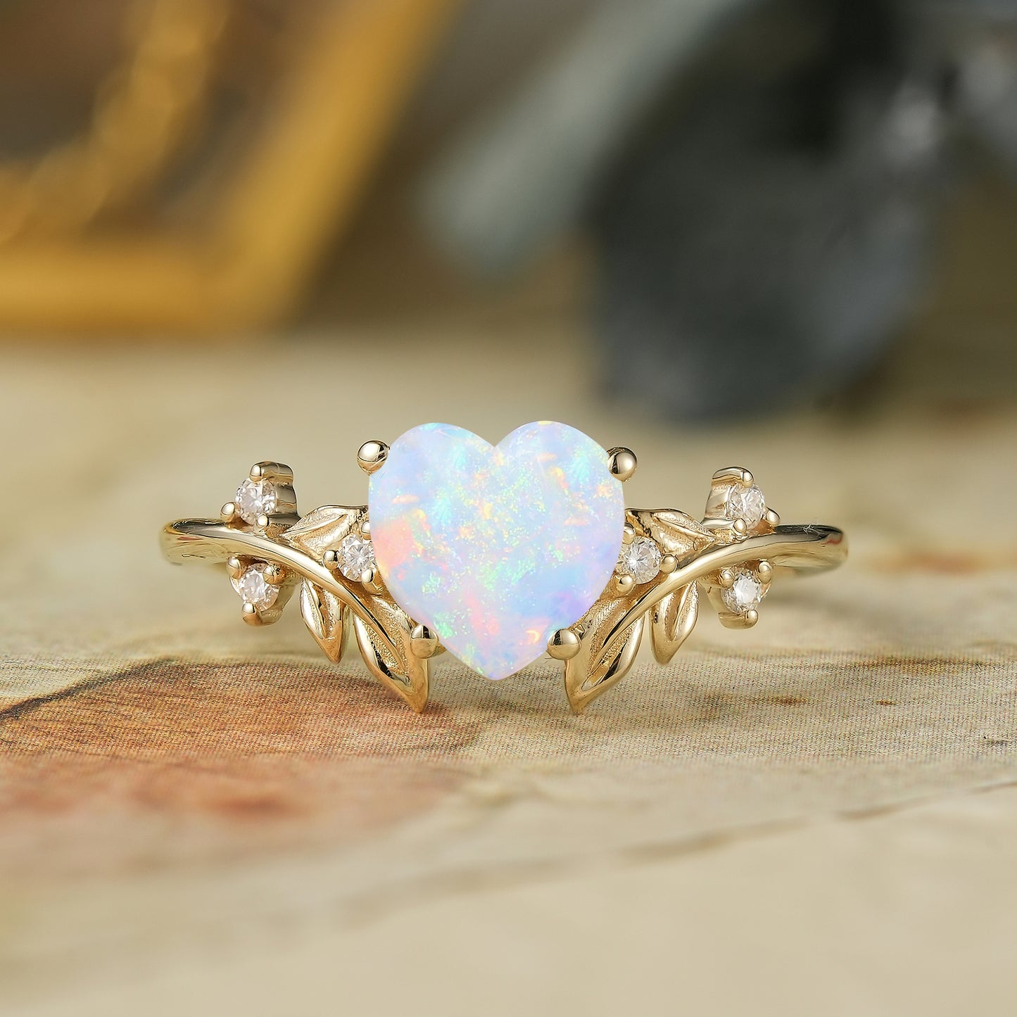 Laurel Leaf Inspired Heart Shaped Opal Engagement Ring - Iris