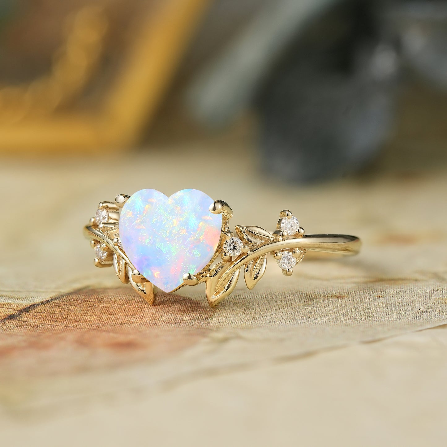 Laurel Leaf Inspired Heart Shaped Opal Engagement Ring - Iris