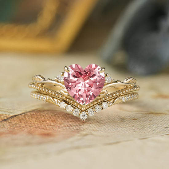 Crown Inspired Heart Shaped Padparadscha Engagement Ring Set - Imogen