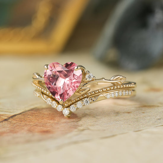 Crown Inspired Heart Shaped Padparadscha Engagement Ring Set - Imogen