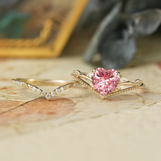 Crown Inspired Heart Shaped Padparadscha Engagement Ring Set - Imogen