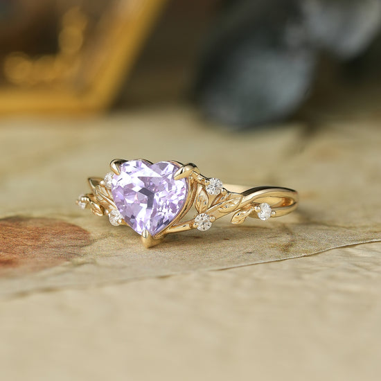 Heart-Shaped Lavender Sapphire with Elegant Leaf Design Ring - Nora