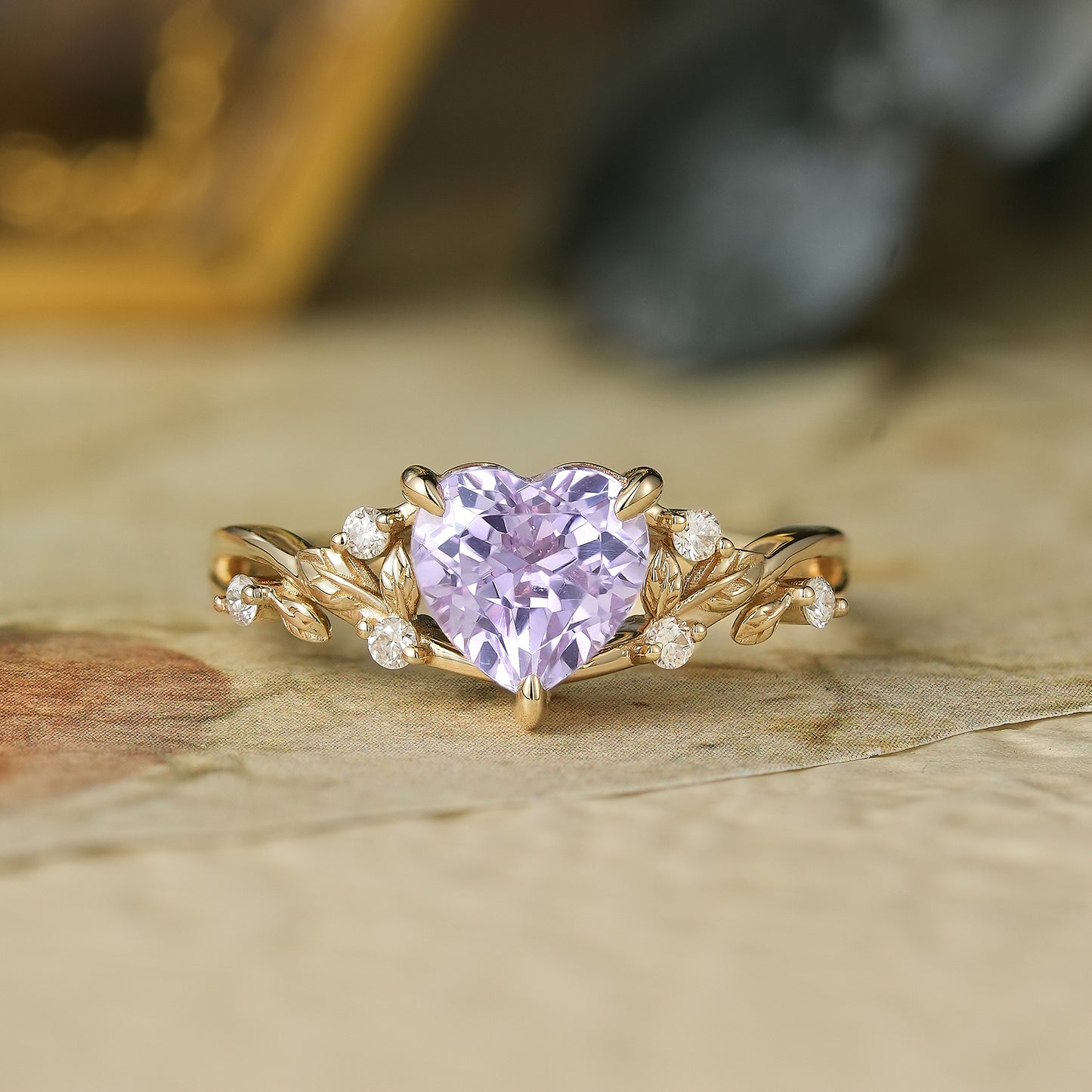 Heart-Shaped Lavender Sapphire with Elegant Leaf Design Ring - Nora