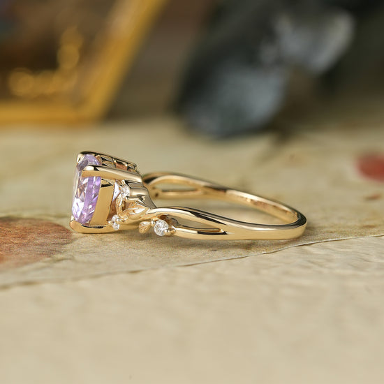 Heart-Shaped Lavender Sapphire with Elegant Leaf Design Ring - Nora