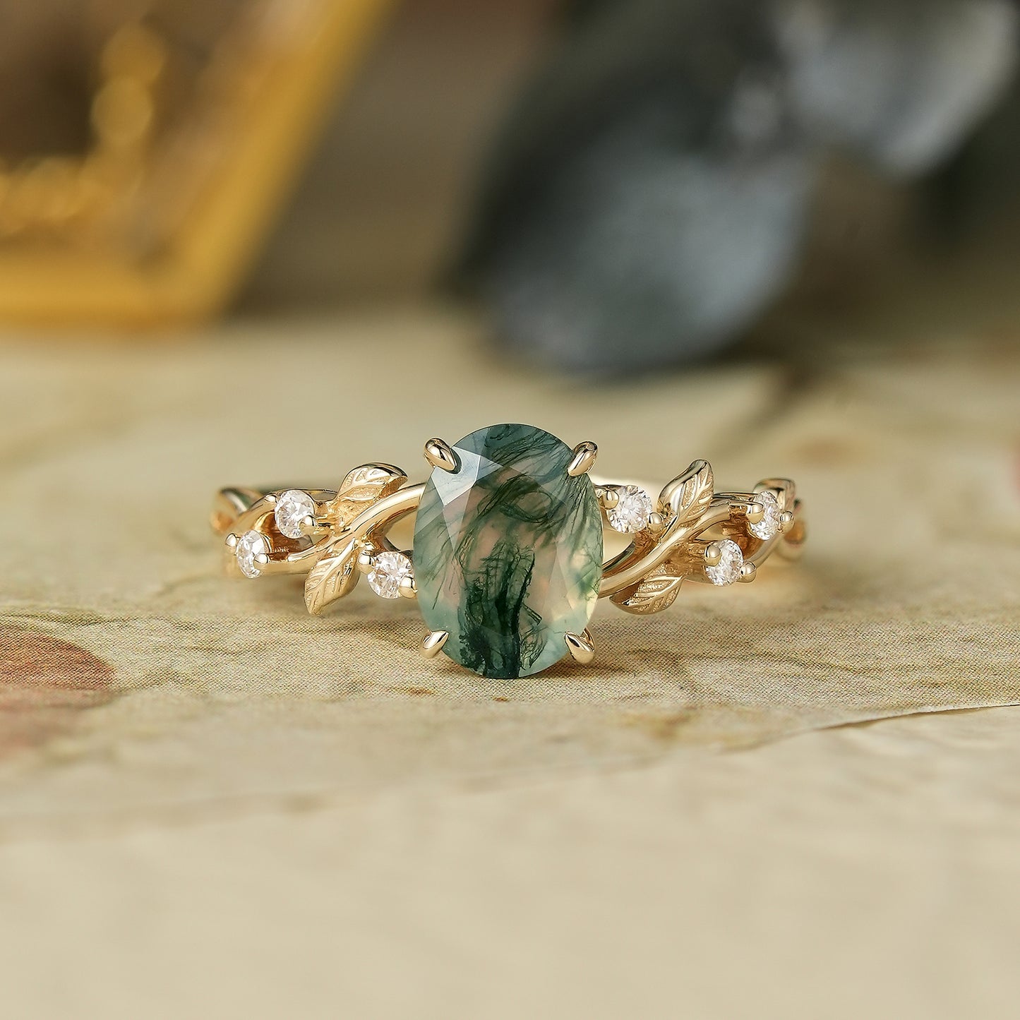 GemsMagic Oval Cut Moss Agate Leaf Engagement Ring - Mabel