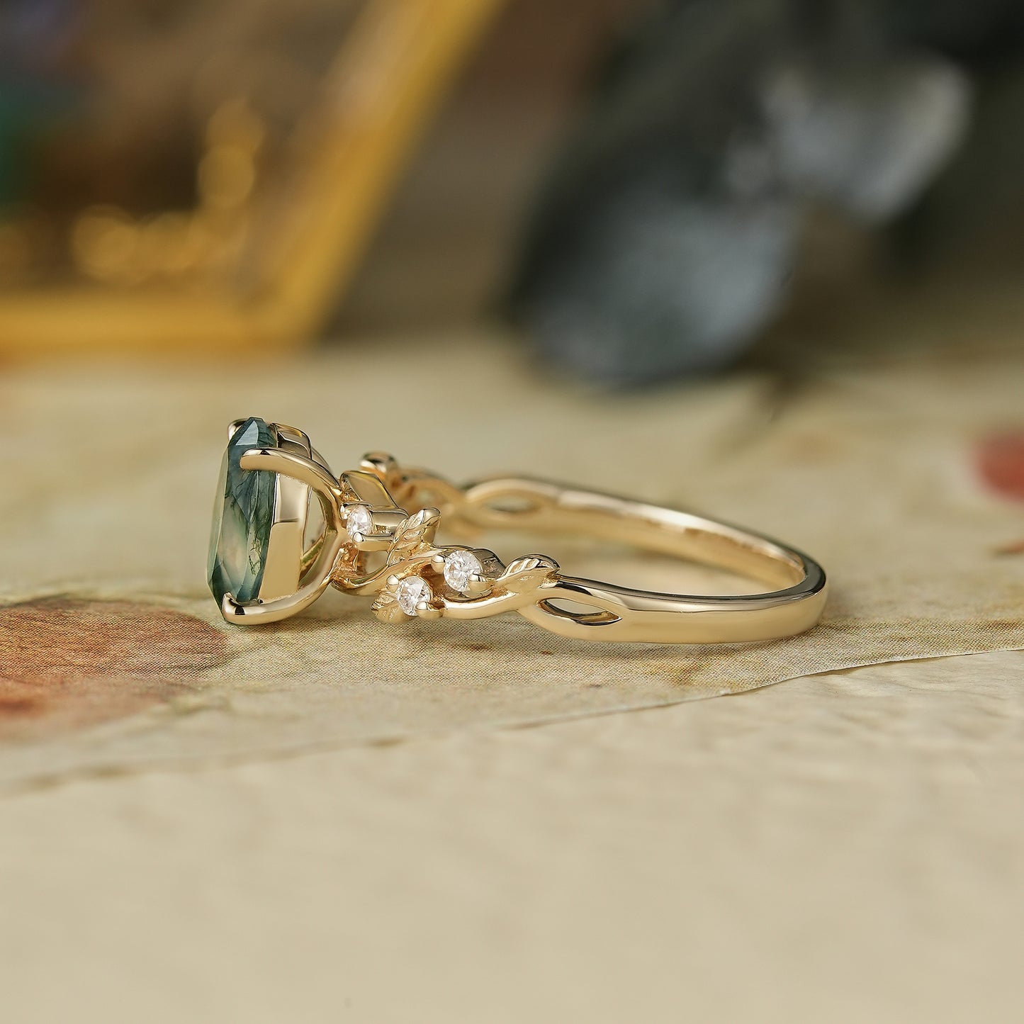 GemsMagic Oval Cut Moss Agate Leaf Engagement Ring - Mabel