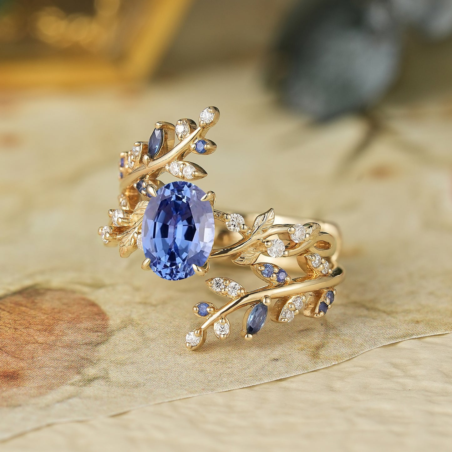 GemsMagic Cornflower Sapphire Cross Leaf Ehancer Ring Set - Keirac