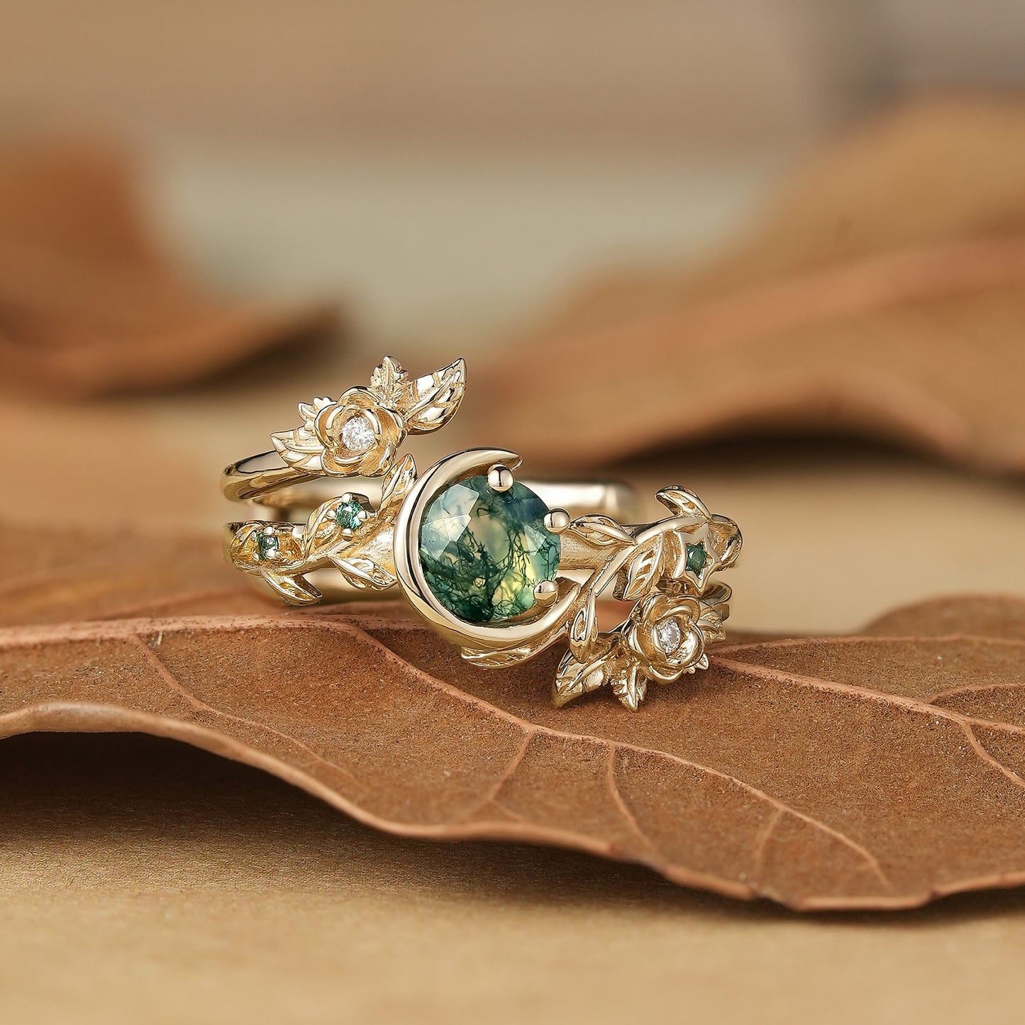 Rose Blossom: Moon Encircled Moss Agate Enhancer Ring Set | Nicole