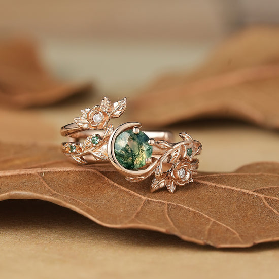 Rose Blossom: Moon Encircled Moss Agate Enhancer Ring Set | Nicole