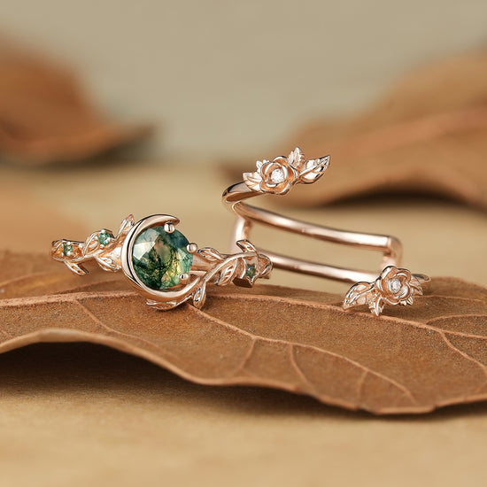 Rose Blossom: Moon Encircled Moss Agate Enhancer Ring Set | Nicole