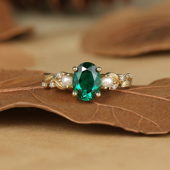 Emerald Leaf Vine Ring with Pearls & Moissanite - Orla