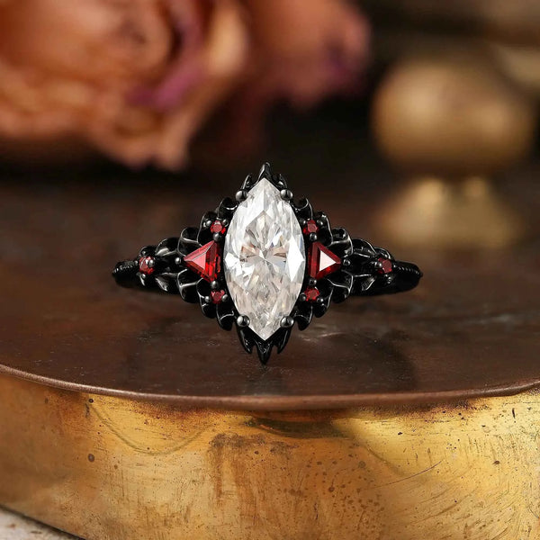 Marquise Cut Moissanite Black Gold Dragon’s Eye Inspired Gothic Engagement Ring - Ravenna | GemsMagic