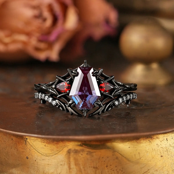 Coffin Cut Alexandrite Spider Web Inspired Black Gold Gothic Bridal Ring Set - Lilith | GemsMagic