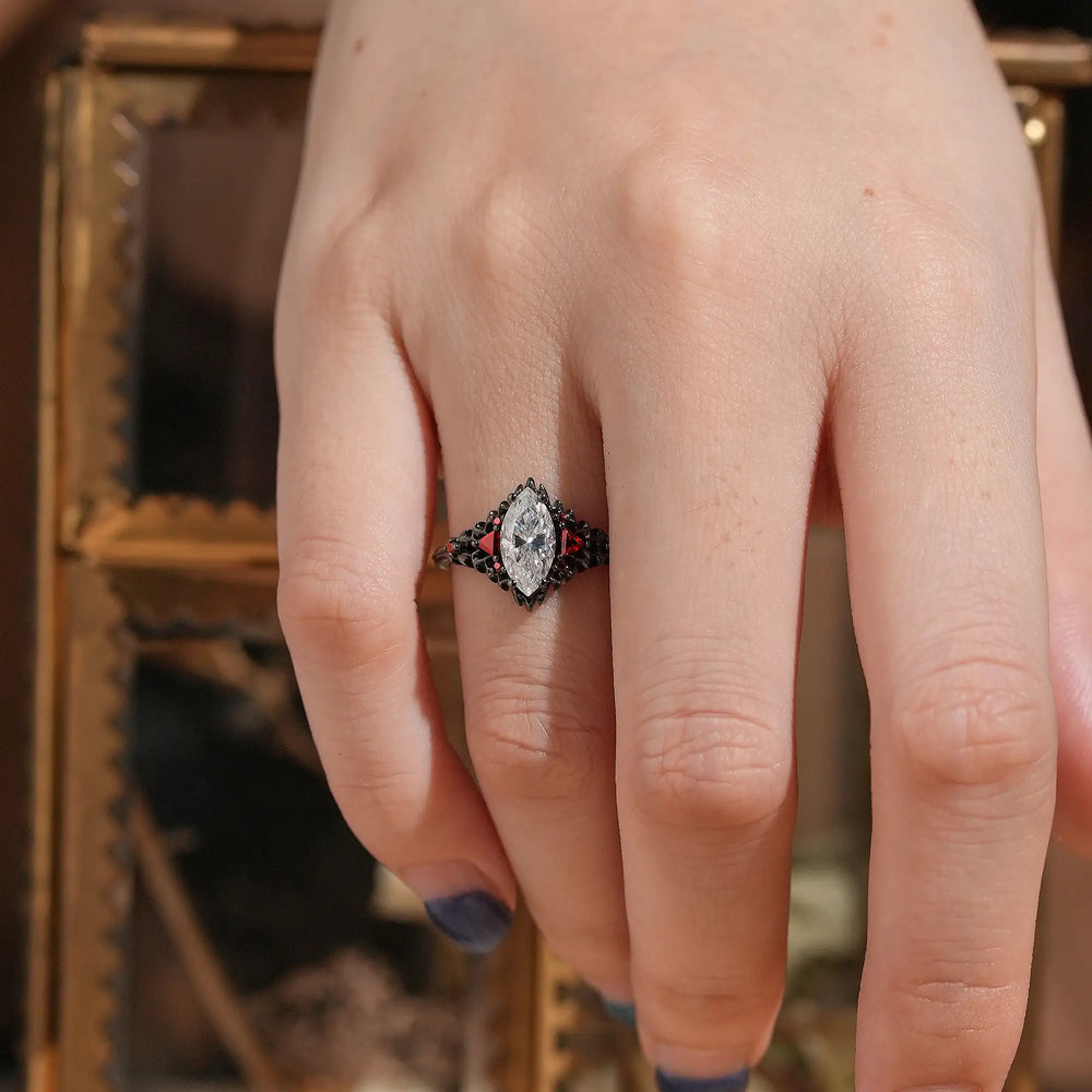 Marquise Cut Moissanite Black Gold Dragon’s Eye Inspired Gothic Engagement Ring - Ravenna | GemsMagic