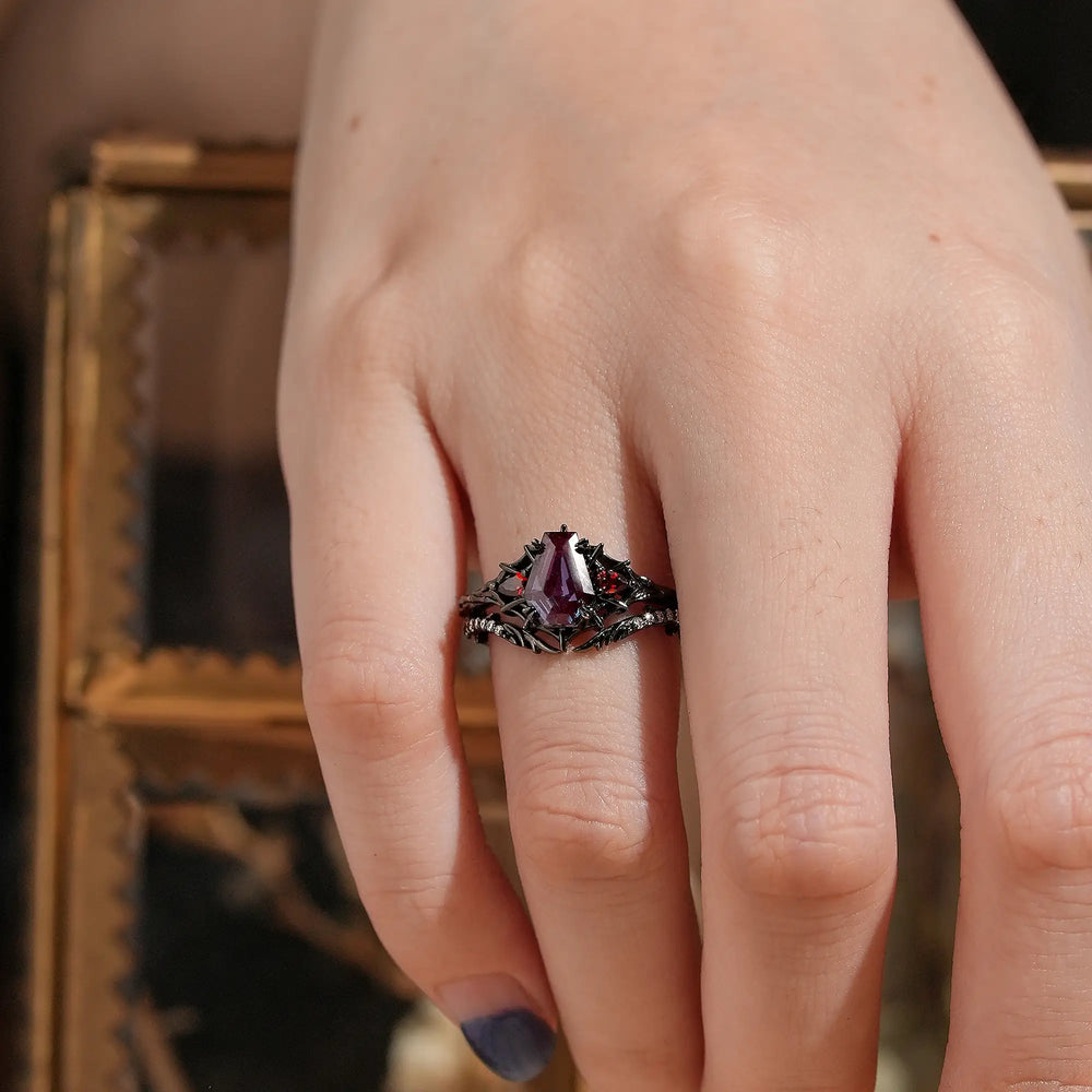 Coffin Cut Alexandrite Spider Web Inspired Black Gold Gothic Bridal Ring Set - Lilith | GemsMagic