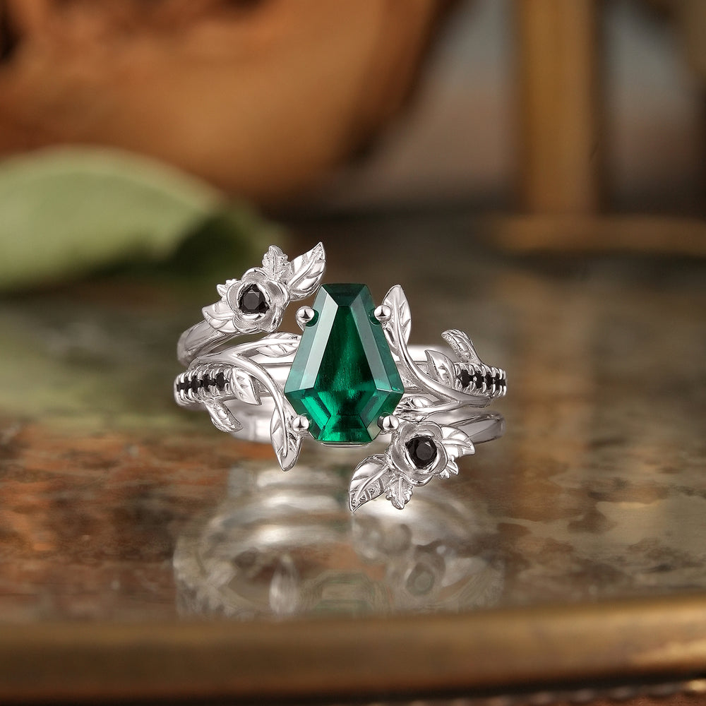 Coffin Cut Emerald And Black Onyx Rose Flower Inspired Bridal Ring Set With Enhancer - Belladonna | GemsMagic