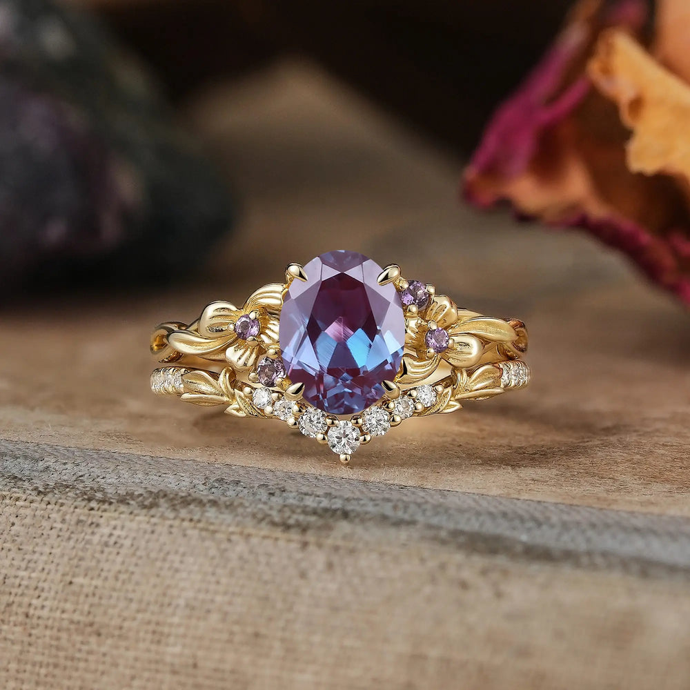 Oval Cut Alexandrite Iris Flower Inspired Bridal Ring Set - Elise | GemsMagic