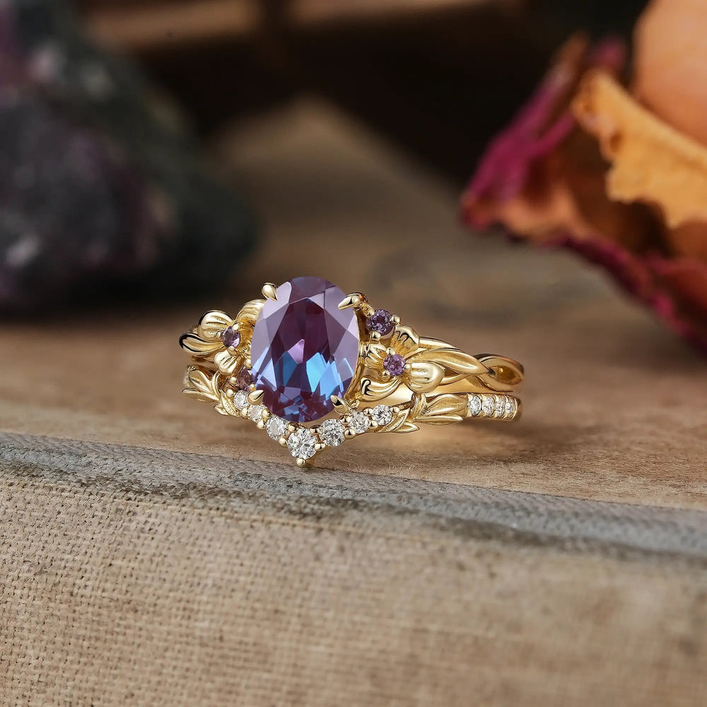 Oval Cut Alexandrite Iris Flower Inspired Bridal Ring Set - Elise | GemsMagic