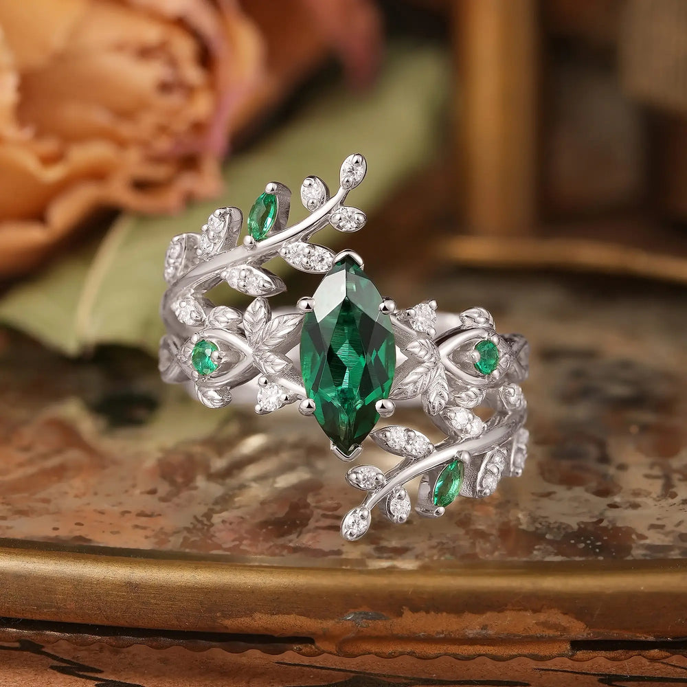 Marquise Cut Emerald Leaf Aphrodite's Bridal Ring Set With Ring Enhancer - Thala | GemsMagic