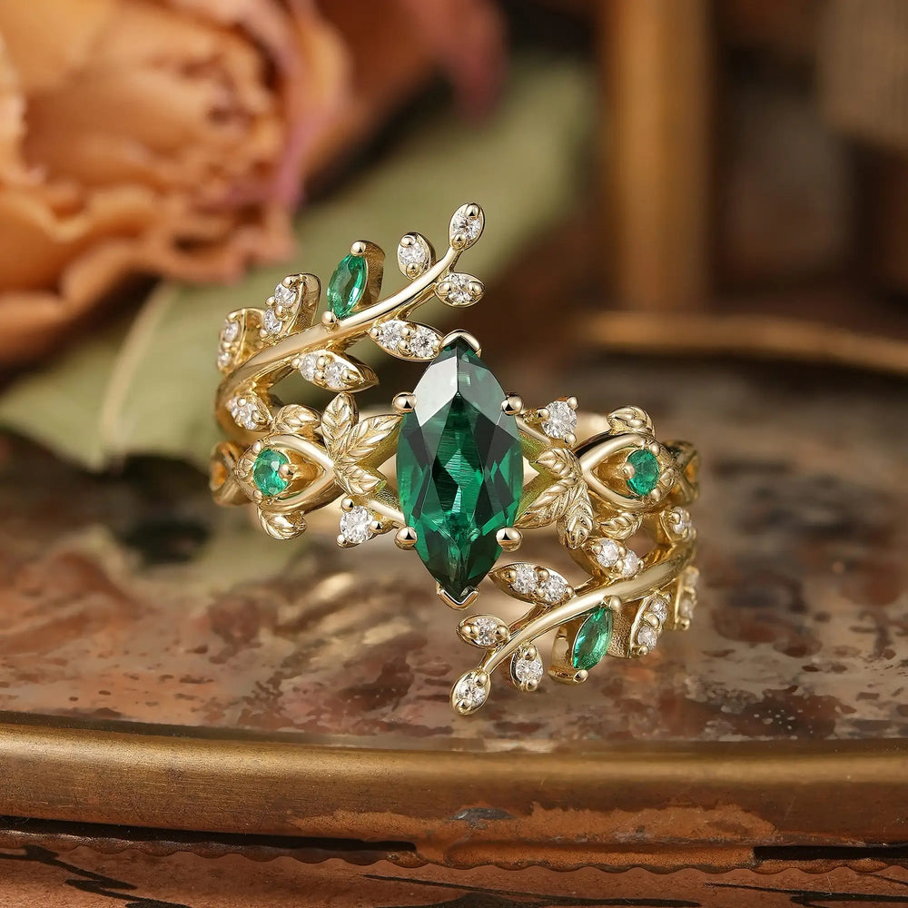 Marquise Cut Emerald Leaf Aphrodite's Bridal Ring Set With Ring Enhancer - Thala | GemsMagic