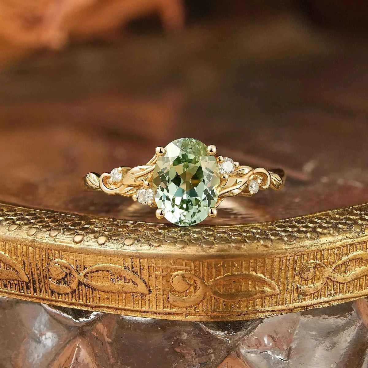Oval Cut Green Sapphire Leaf Inspired Meadow Engagement Ring | GemsMagic