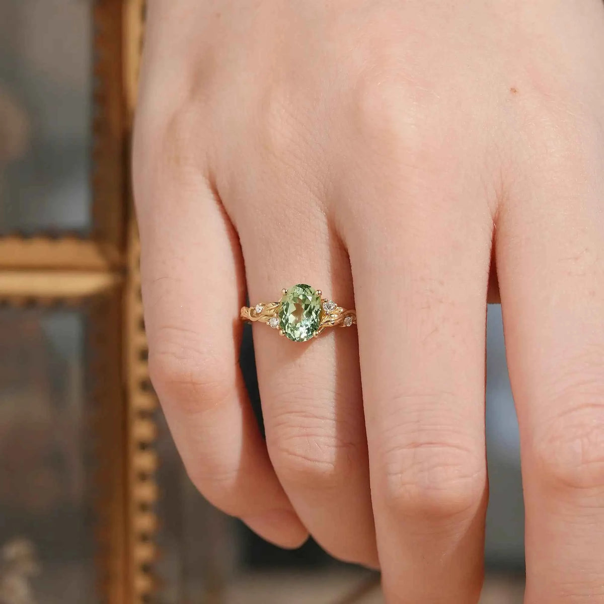 Oval Cut Green Sapphire Leaf Inspired Meadow Engagement Ring | GemsMagic
