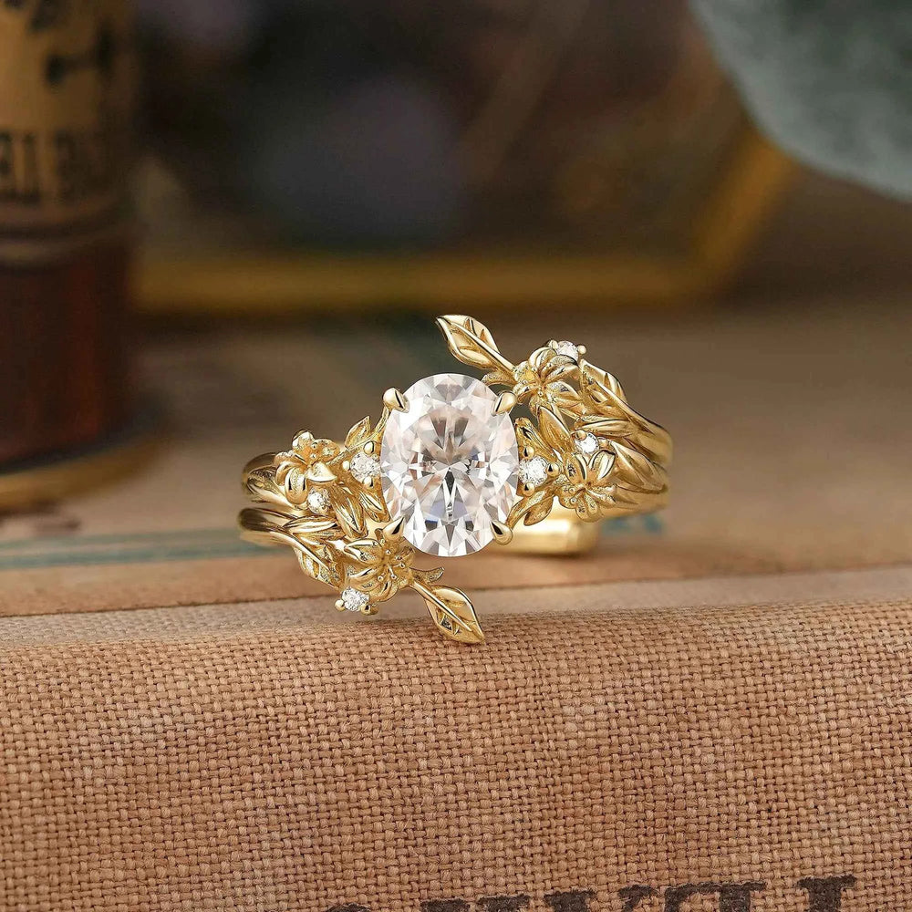 Oval Cut Moissanite Lily Flower Inspired Bridal Ring Set With Ring Enhancer - Lorielle | GemsMagic