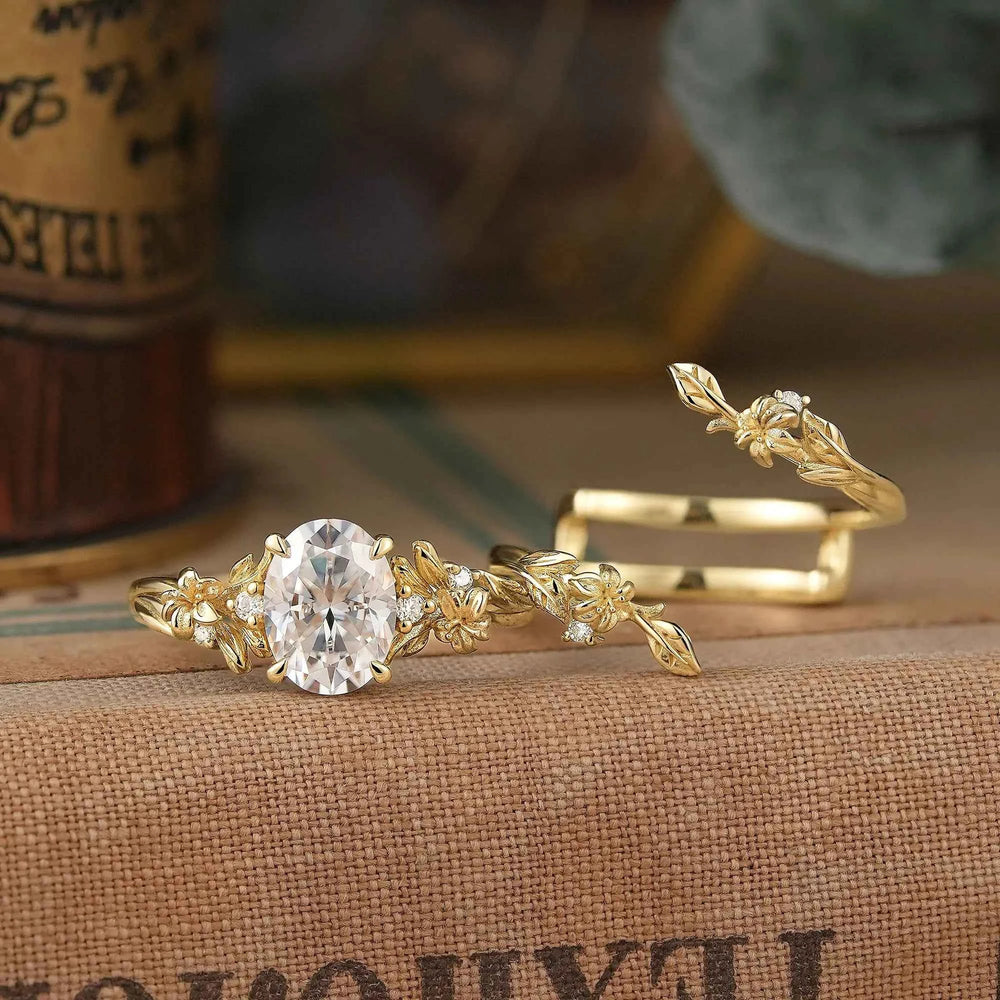 Oval Cut Moissanite Lily Flower Inspired Bridal Ring Set With Ring Enhancer - Lorielle | GemsMagic