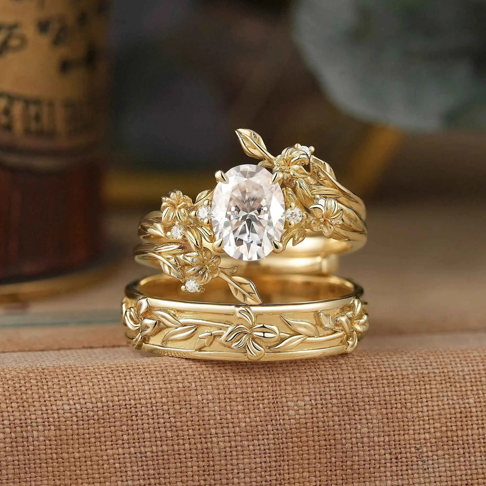 Lily Flower Inspired Moissanite Couple Wedding Ring Set - Lorielle & Lucien | GemsMagic