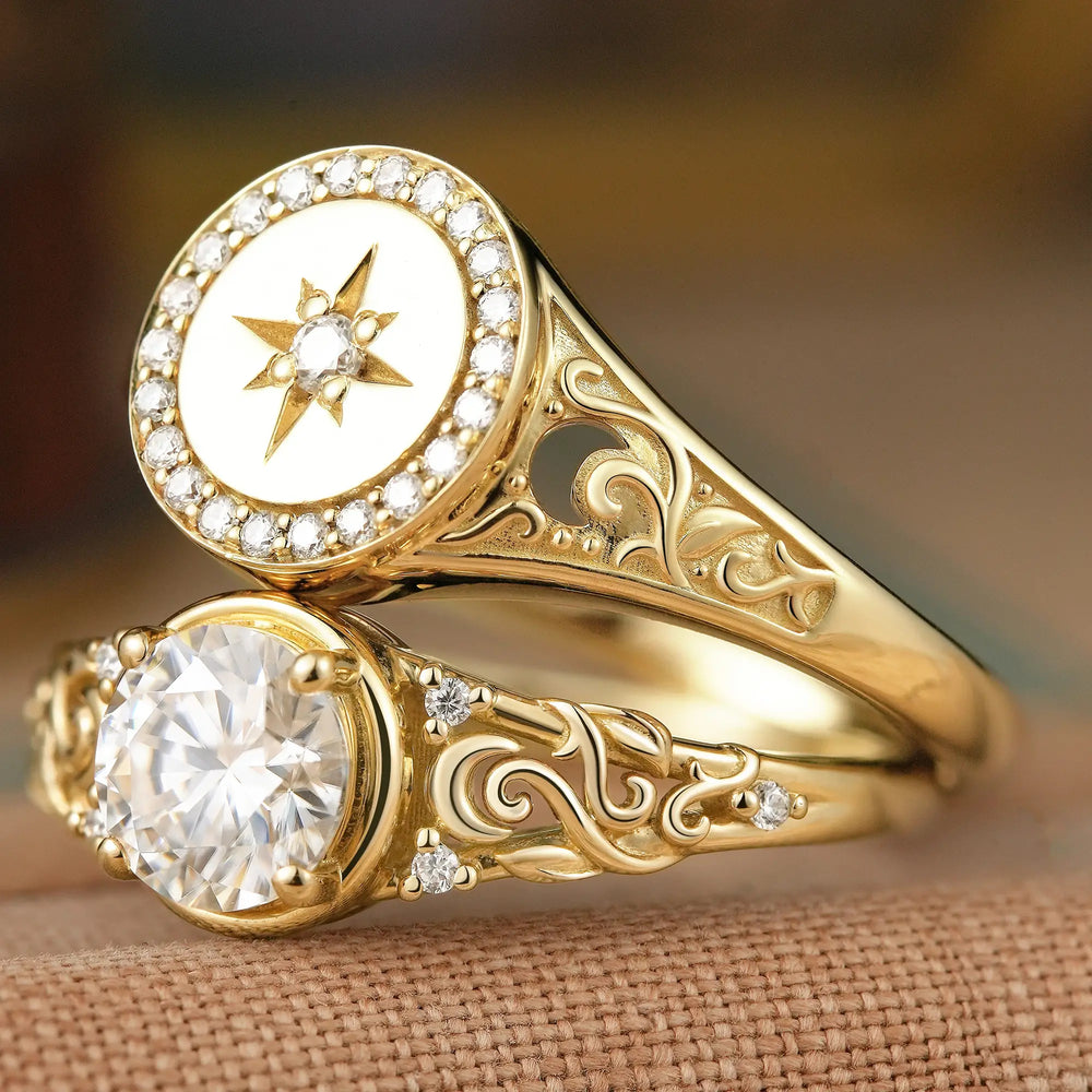 Round Cut Moissanite Leaf And Moon Inspired Engraved Signet Couple Wedding Ring Set - Gail & Daniel | GemsMagic