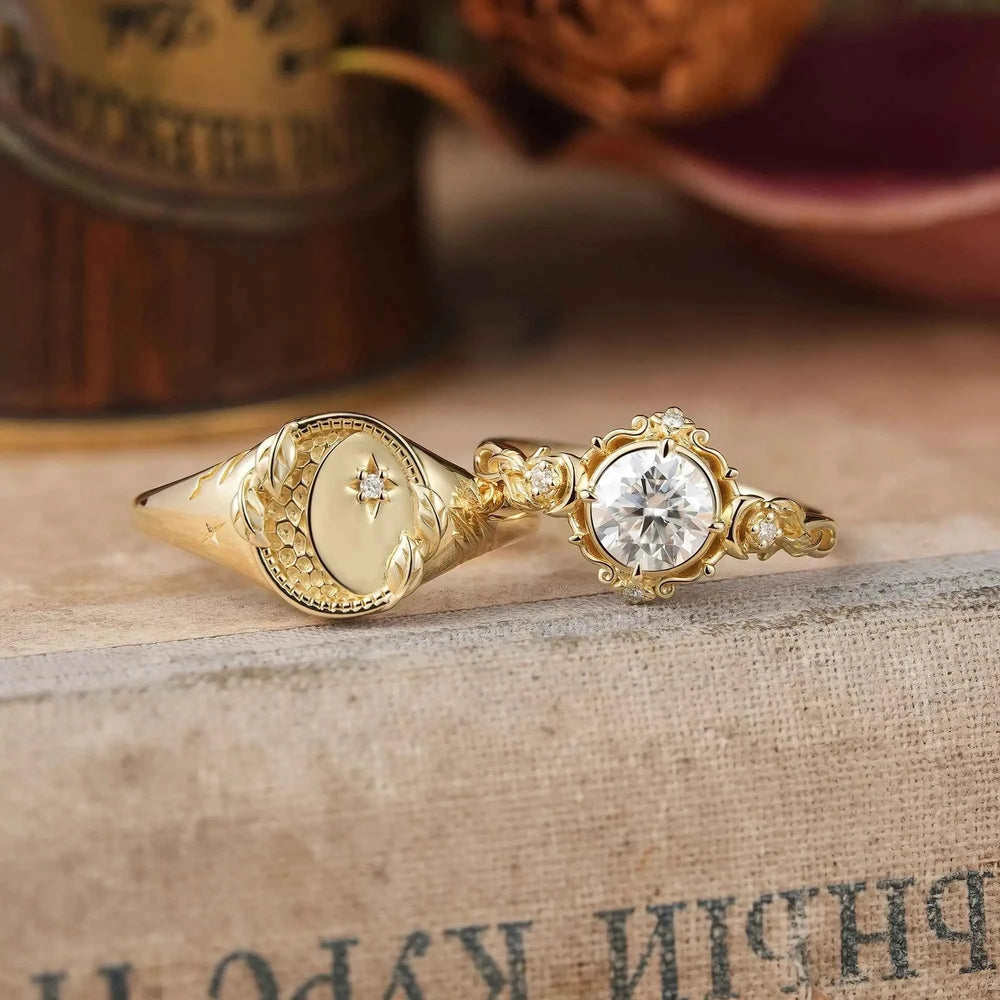 Moissanite Moon Inspired Hammered Signet Nature Couple Rings - Eloise & Callum | GemsMagic